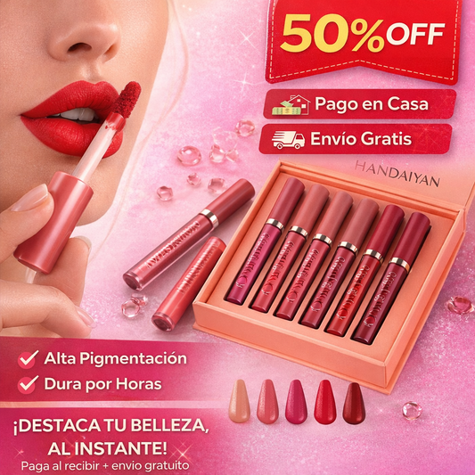 KIT PROFESIONAL DE LABIALES MATE HANDAIYAN | 6 TONOS IRRESISTIBLES QUE TRANSFORMAN TU LOOK AL INSTANTE